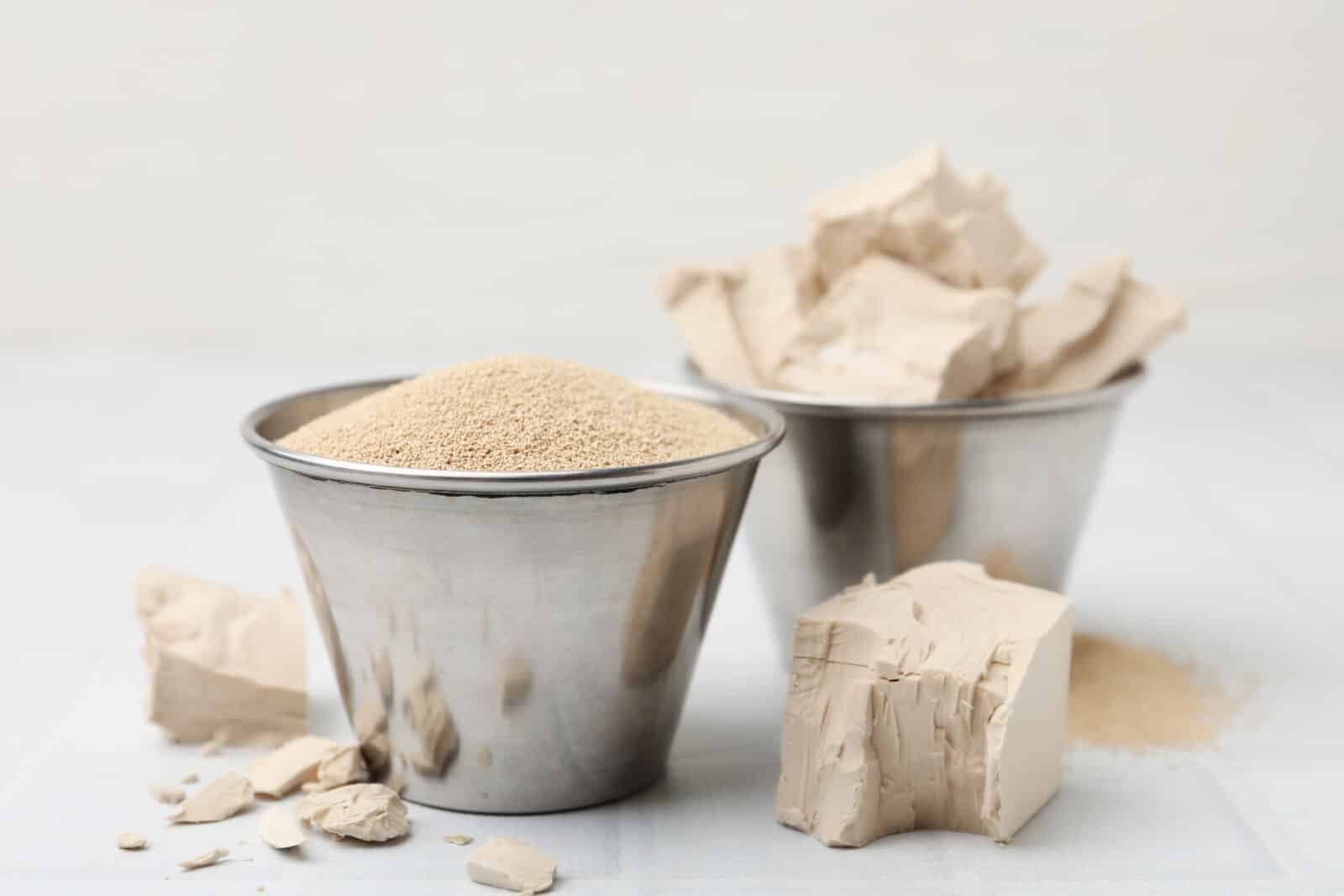 Fresh and dry yeast on white tiled table, closeup