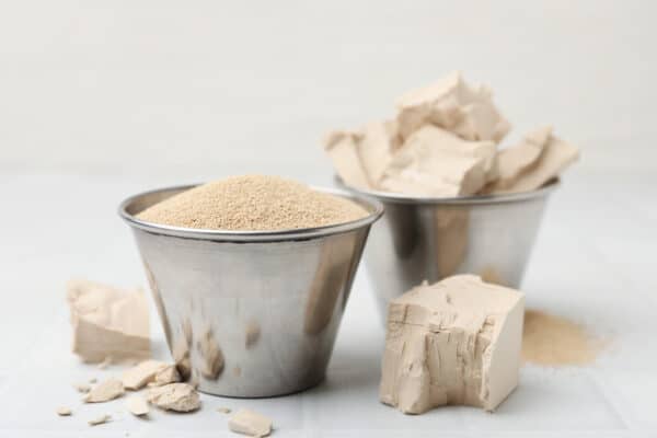 Fresh and dry yeast on white tiled table, closeup